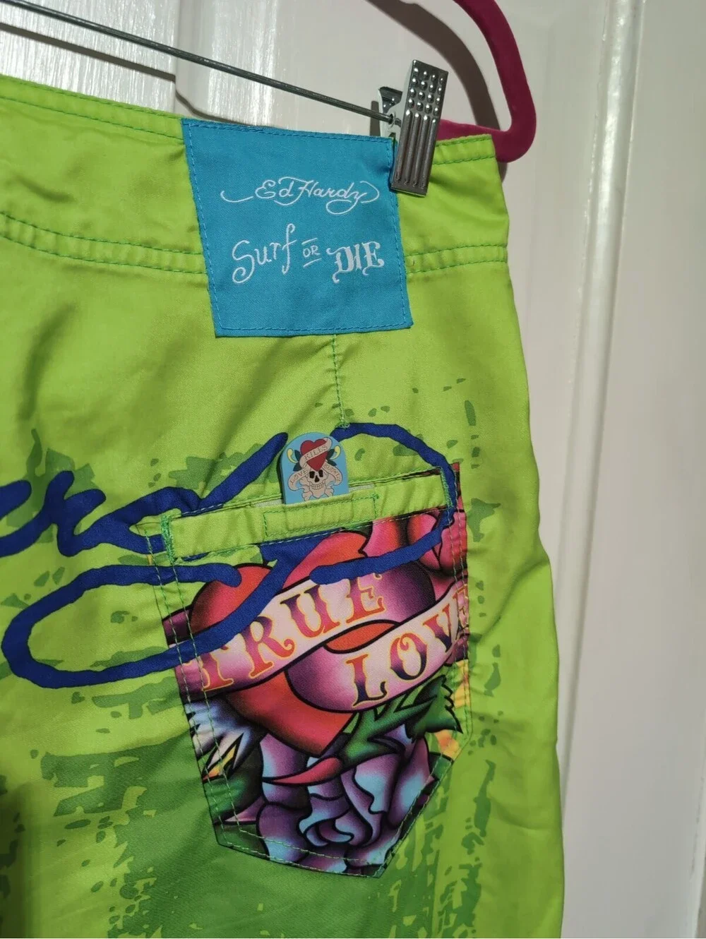 Vtg Ed Hardy By Christian Audigier Surf Or Die Board Shorts Lime Men 33(1600)F